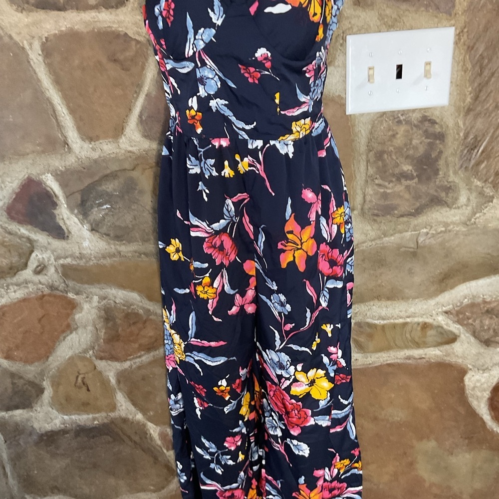 Band of Gypsies Floral Wide-Leg Jumpsuit Navy Blue Sweetheart Neckline Size M - Picture 3 of 11